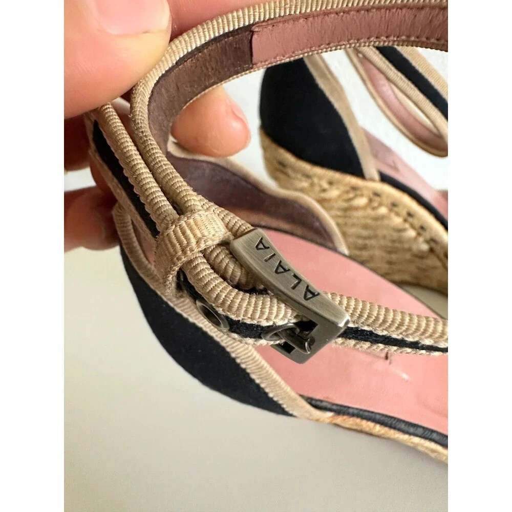 ALAIA Wedge Espadrille Sandals Canvas Almond Toe Ankle Strap Black Women's EU 38